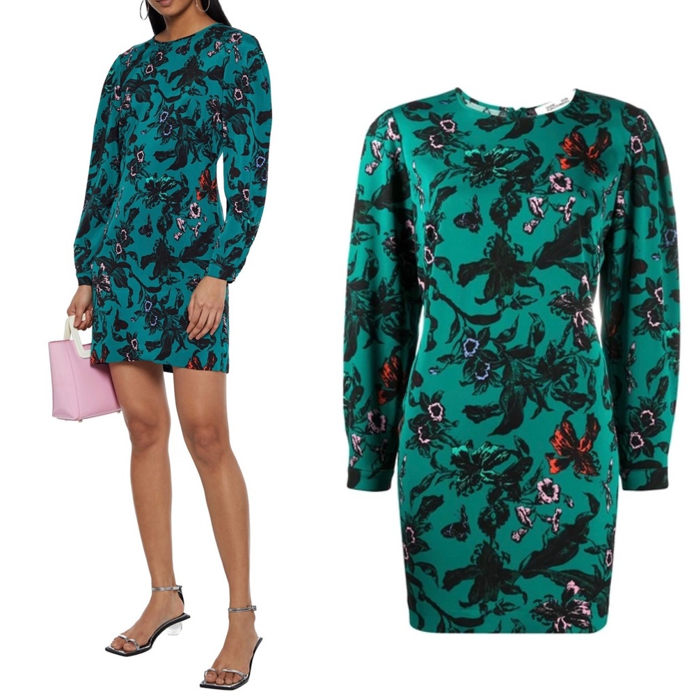 Diane Von Furstenberg Collins Green Floral Satin Sheath Dress Butterfly Mini 2